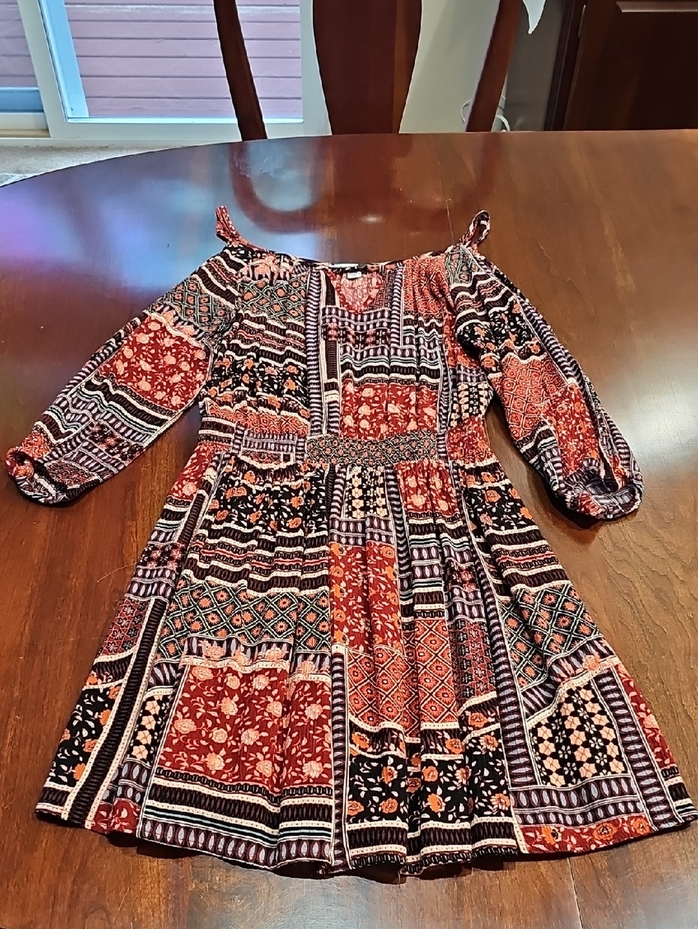 American Eagle Outfitters Patchwork Off-Shoulder Boho Dress